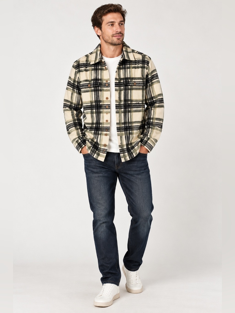 Blend fleece Overshirt Plaid Cream, green & Black
